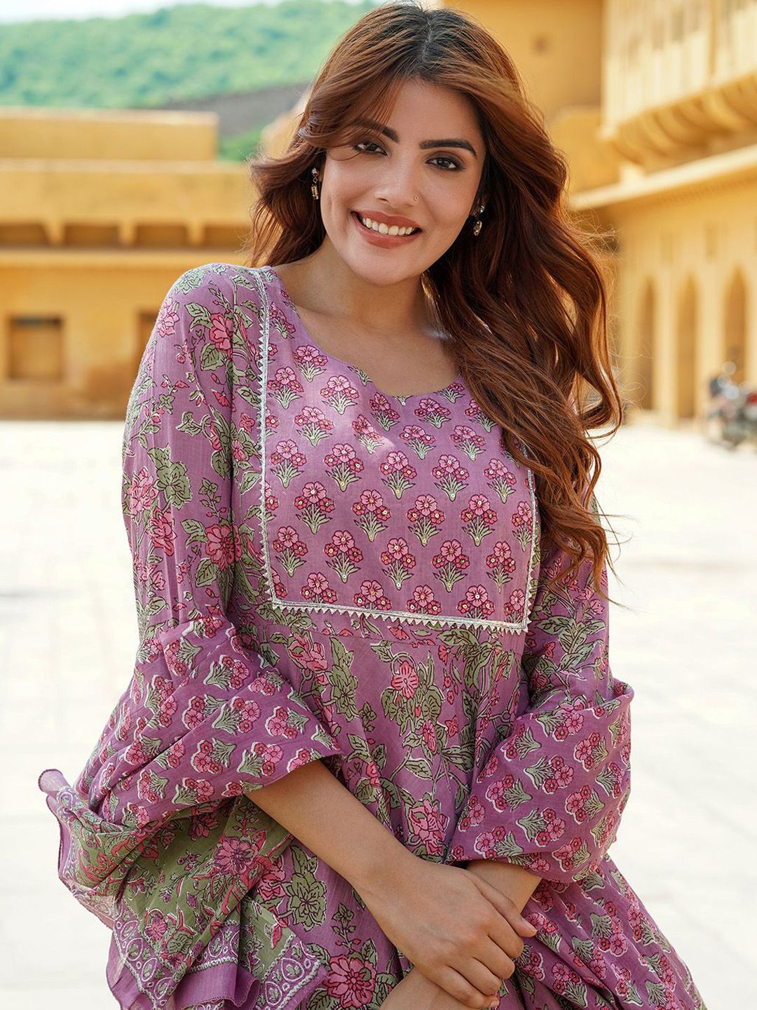 Dhiyona KL Floral Printed Gotta Patti Pure Cotton Anarkali Kurta With Trousers & Dupatta