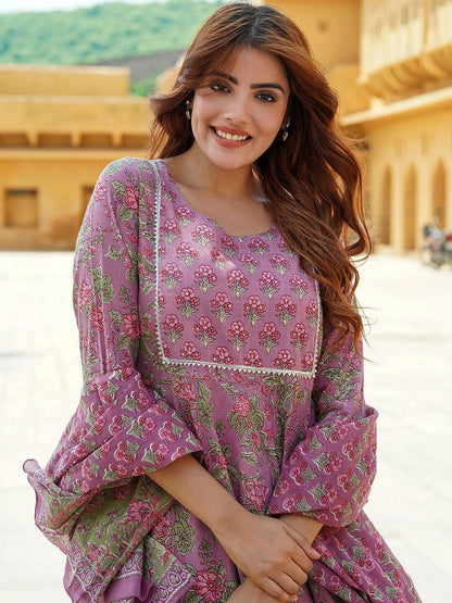 Dhiyona KL Floral Printed Gotta Patti Pure Cotton Anarkali Kurta With Trousers & Dupatta