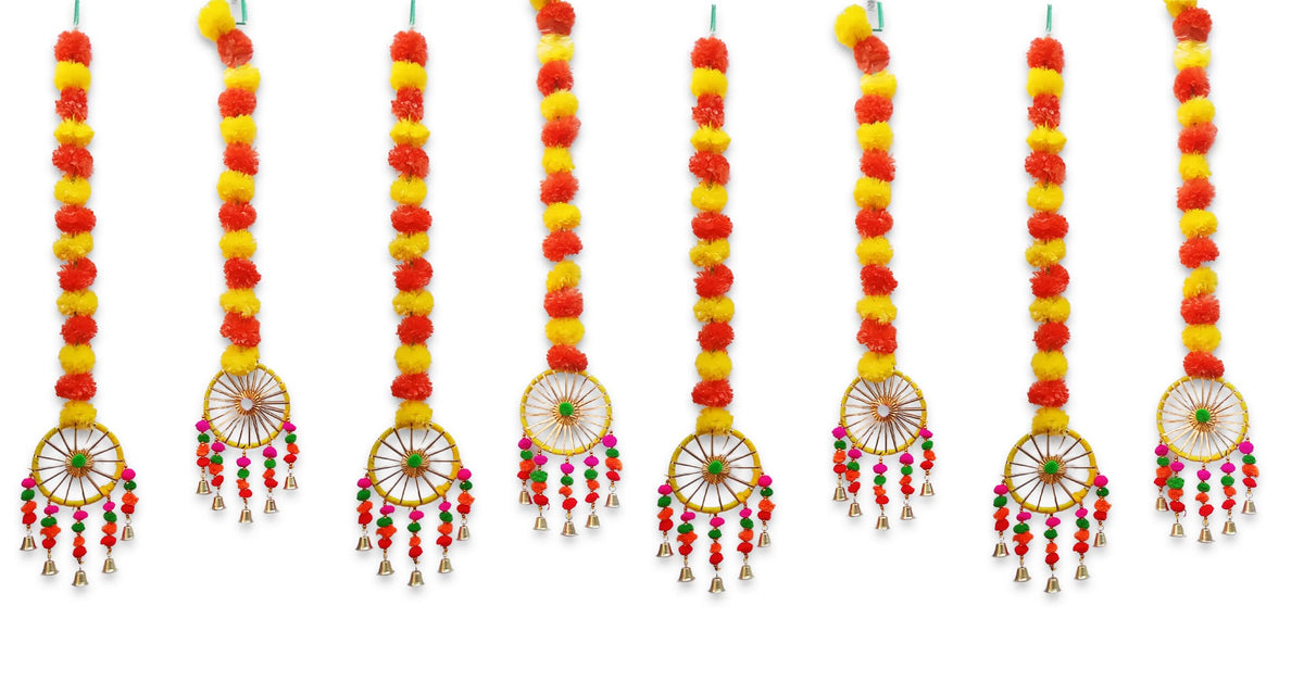 Artificial Marigold Fluffy Flowers Garland String with Bells Ring Pom Pom Rajasthani Wall Door Hanging Latkans Handmade Toran Decoration 2.9 Ft Height (8 Piece)