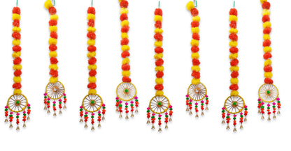 Artificial Marigold Fluffy Flowers Garland String with Bells Ring Pom Pom Rajasthani Wall Door Hanging Latkans Handmade Toran Decoration 2.9 Ft Height (8 Piece)
