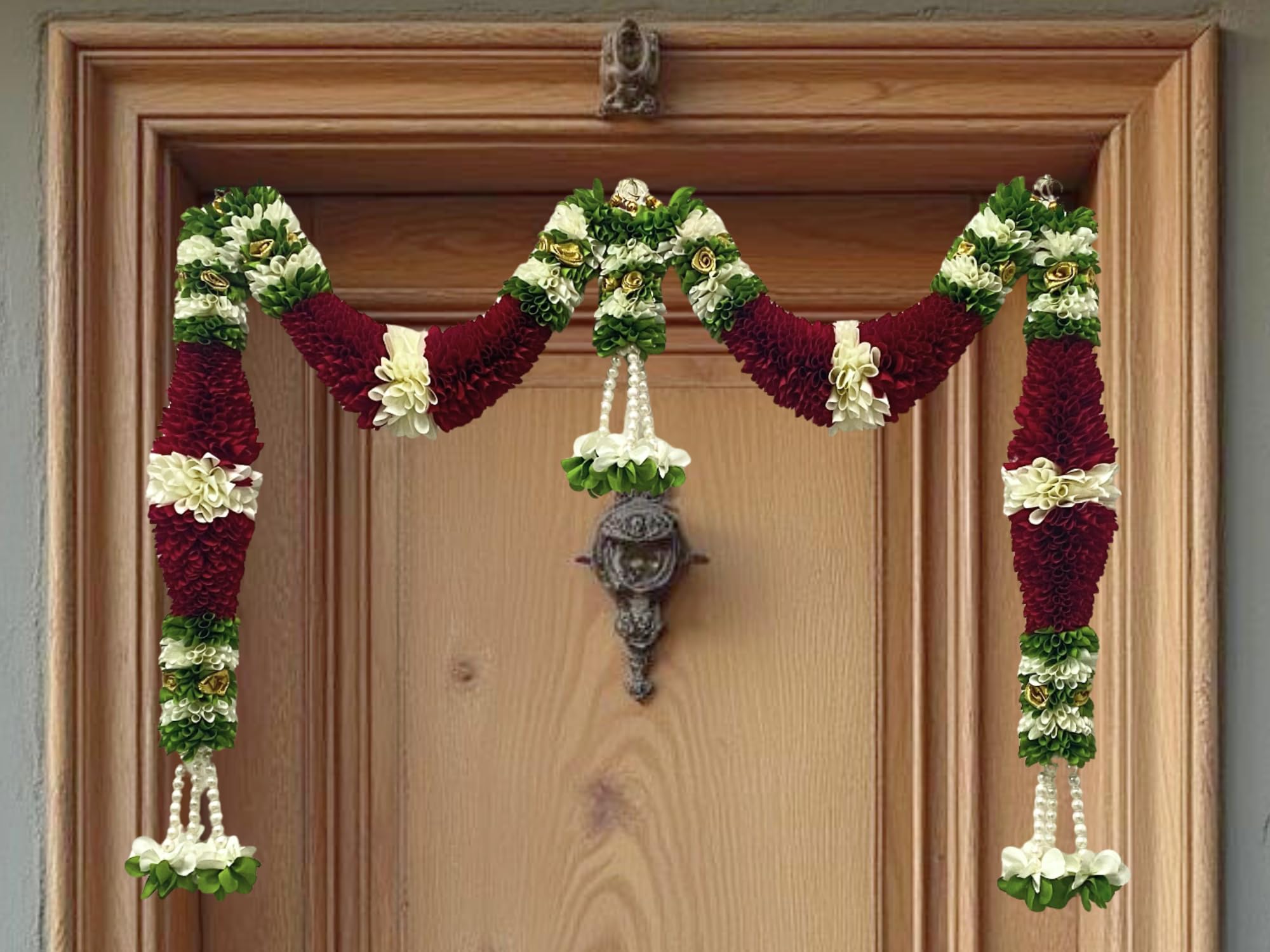 Maroon & Cream Hanging Artificial Flower Toran for Main Door Entrance, Reusable Thoran for Pooja Mandir, Living Room & Home Décor, Bandarwal for Festival Decoration (42x25 inch)