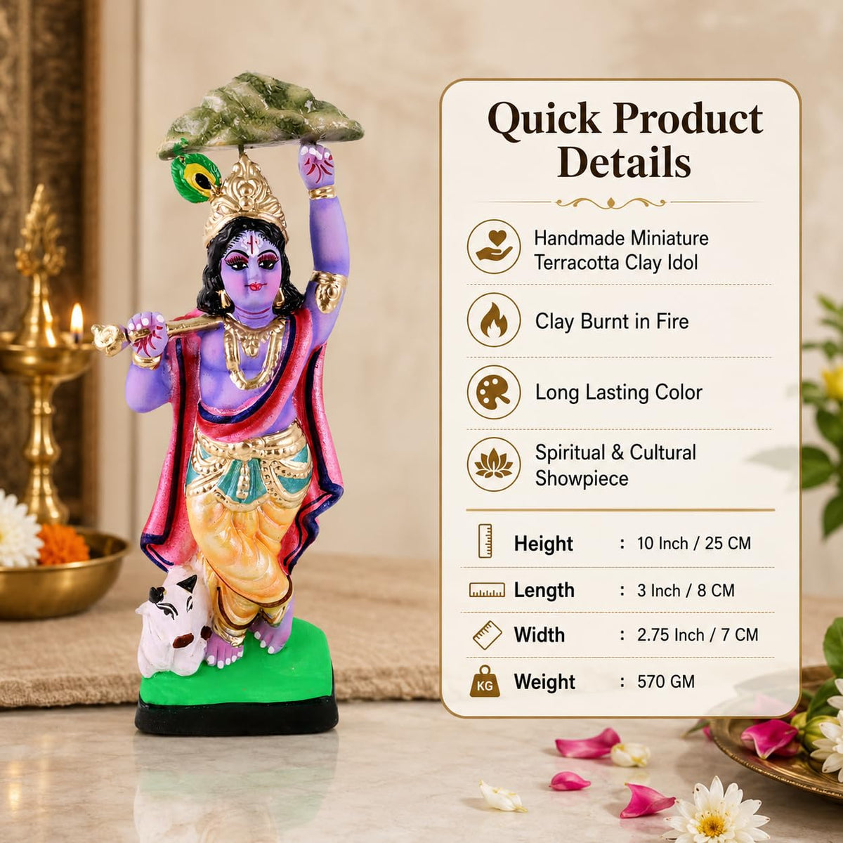 Niharika Collections Krishna Lifting Govardhan Parbat Idol | Spiritual & Cultural Clay Art | Handmade Terracotta Sculpture