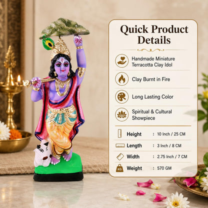 Niharika Collections Krishna Lifting Govardhan Parbat Idol | Spiritual & Cultural Clay Art | Handmade Terracotta Sculpture