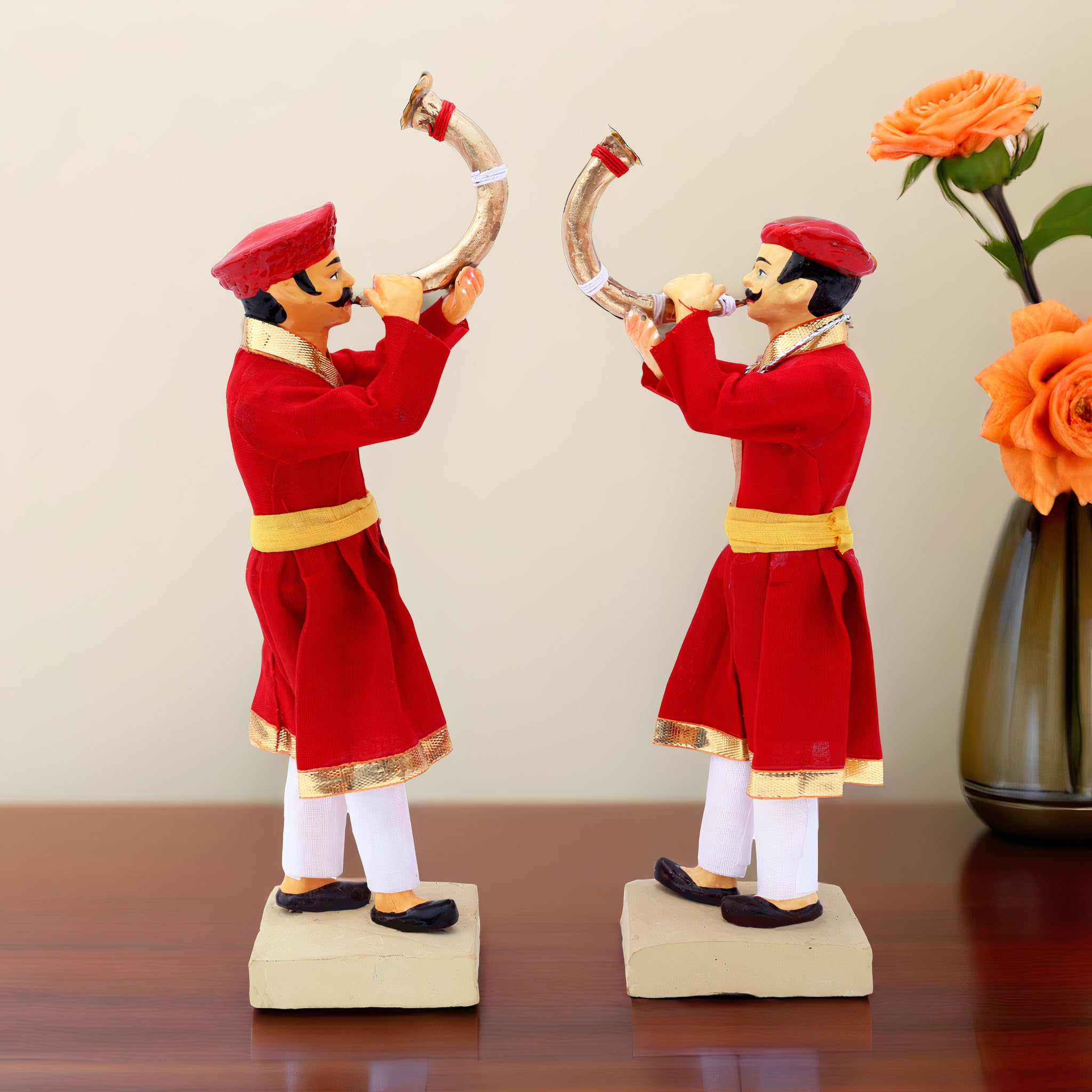 Niharika Collections Handmade Clay Terracotta | MAVALA TUTARI Player - Set of 2 | Royal Horn Blowers Miniature Idols