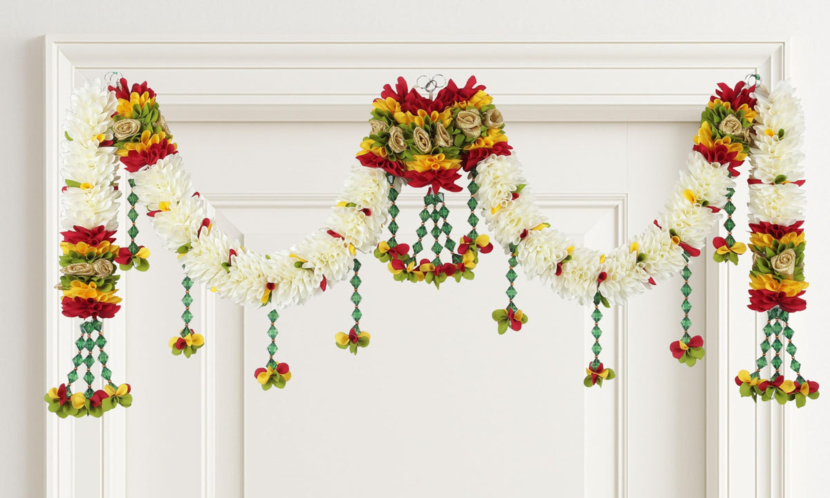Toran for Main Door Entrance, Bandarwal for Festival, Pooja Mandir, Wedding & Home Decor, Handmade Traditional Flower Hanging for Home & Office Decor (42 inches x 14 inches) Cream