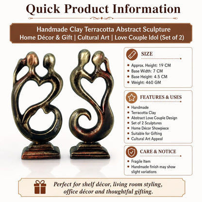 Niharika Collections Handmade Clay Terracotta Abstract Sculpture | Home Décor & Gift | Cultural Art | Love Couple Idol (Golden Color, Set of 2)