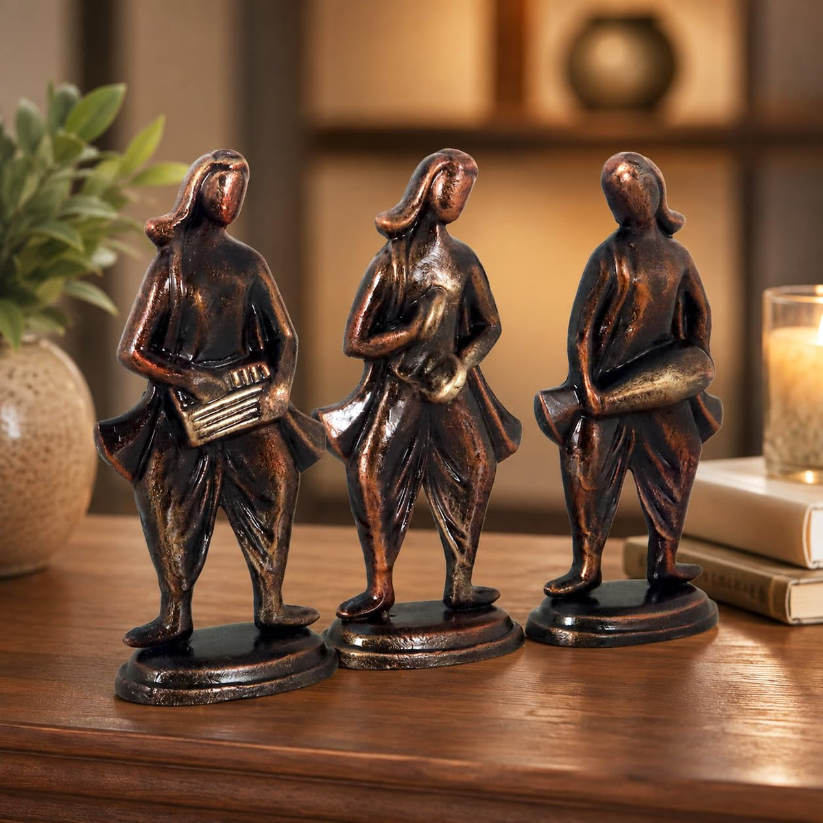 Niharika Collections Handmade Clay Terracotta Abstract Sculpture | Home Décor & Gift | Cultural Art | Musical Group Idol (Bronze Color, Set of 3)