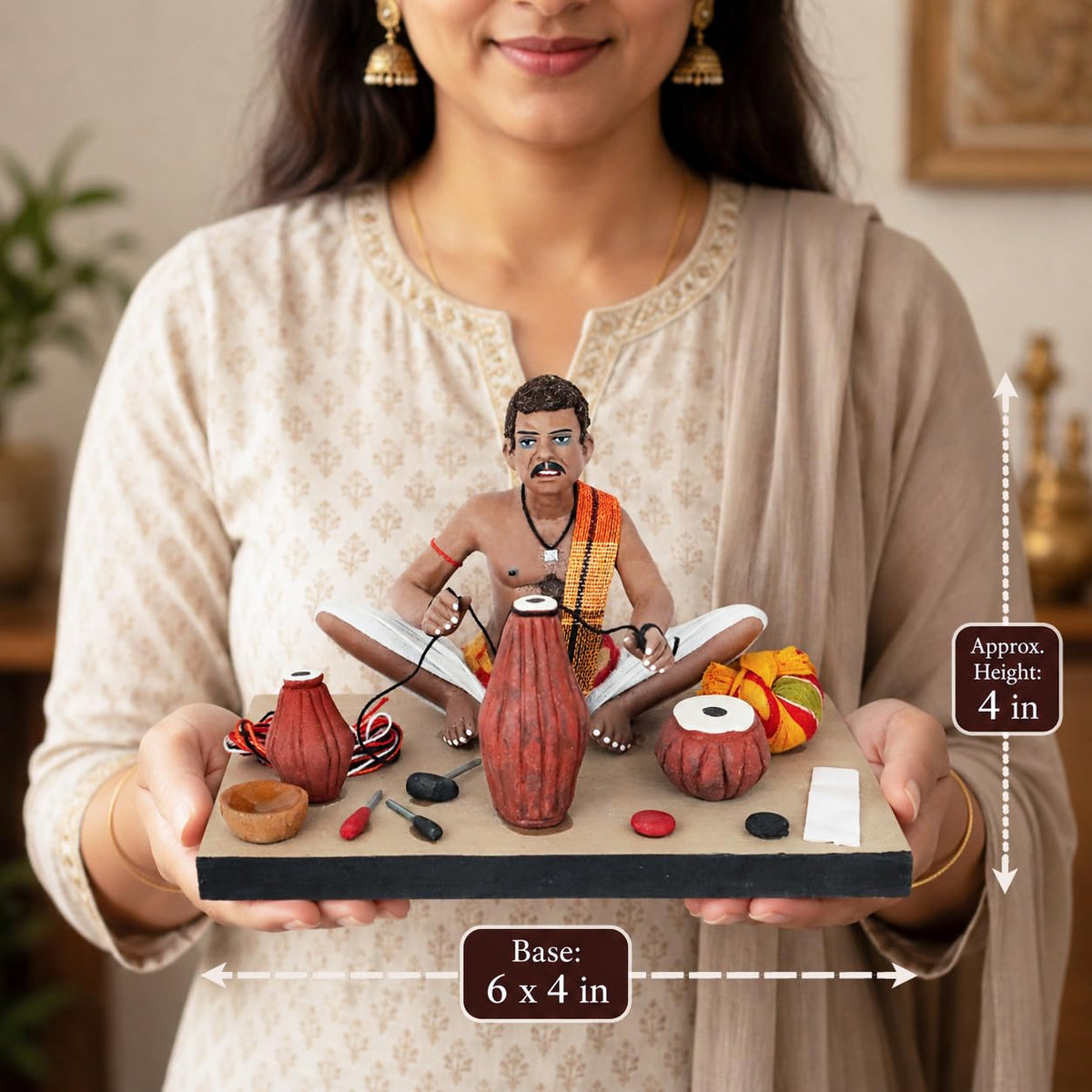 Niharika Krishnanagar Handmade Clay Idol, Musical Instruments Maker Figurine, Hand-Painted Sitting Human Figure Miniature, Indian Art Home Décor Gift for Tabletop, Shelf & Showcase, 18 x 15 x 12 cm