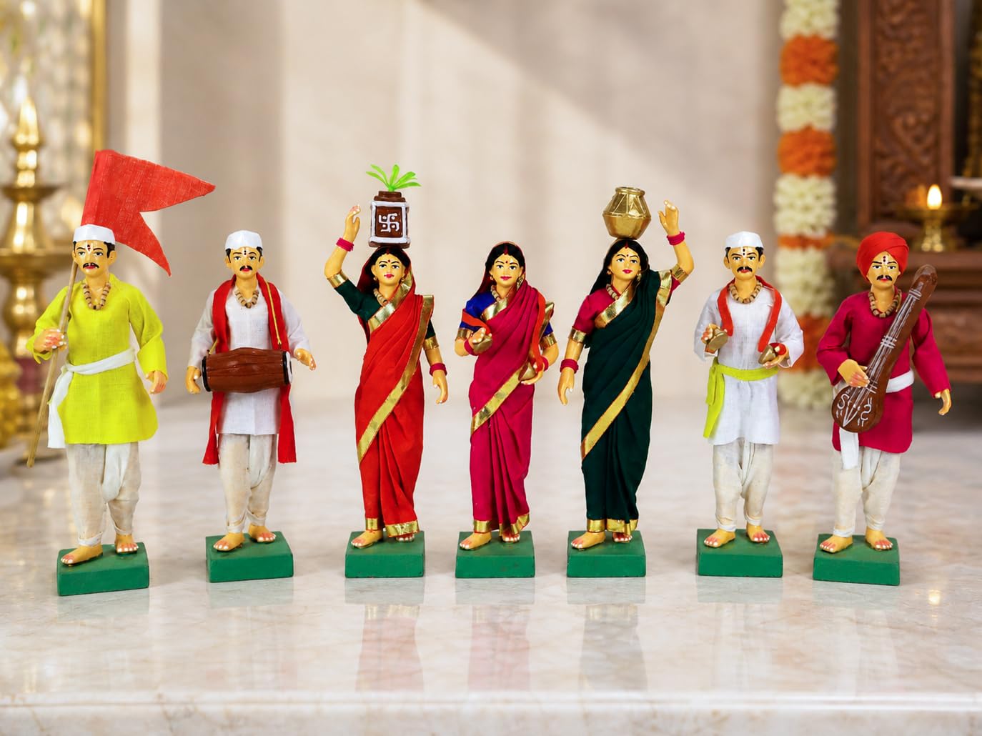 Niharika Collections Handmade Terracotta Clay Idols 8 Inch Clay Figurines Set of 7 | Traditional Handcrafted Pandharpur Warkari for Home Mandir, Navratri Decor, Golu and Gifting