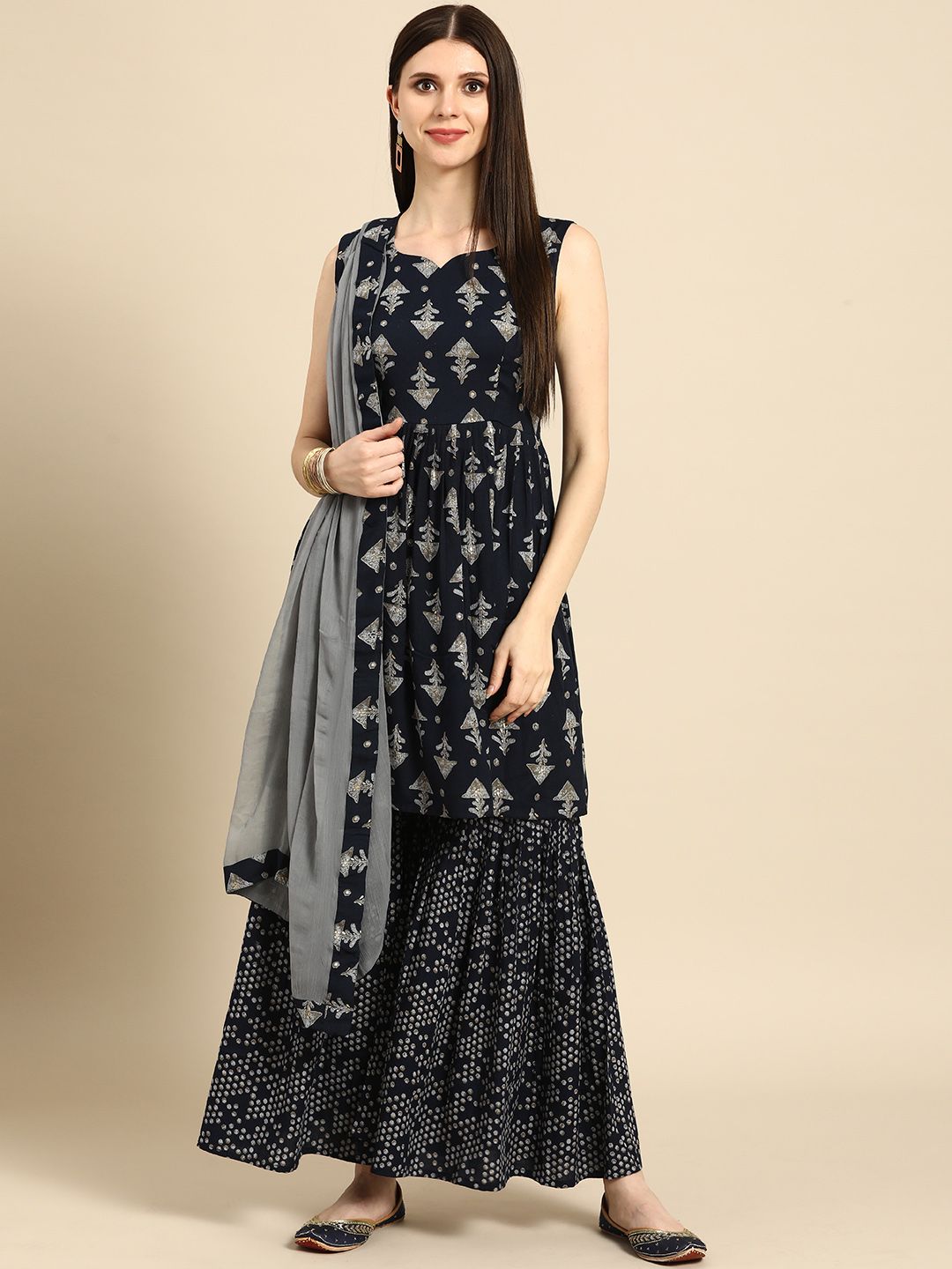 Dhiyona AN Women Navy Blue & Grey Ethnic Motifs Printed Kurta with Sharara & Dupatta