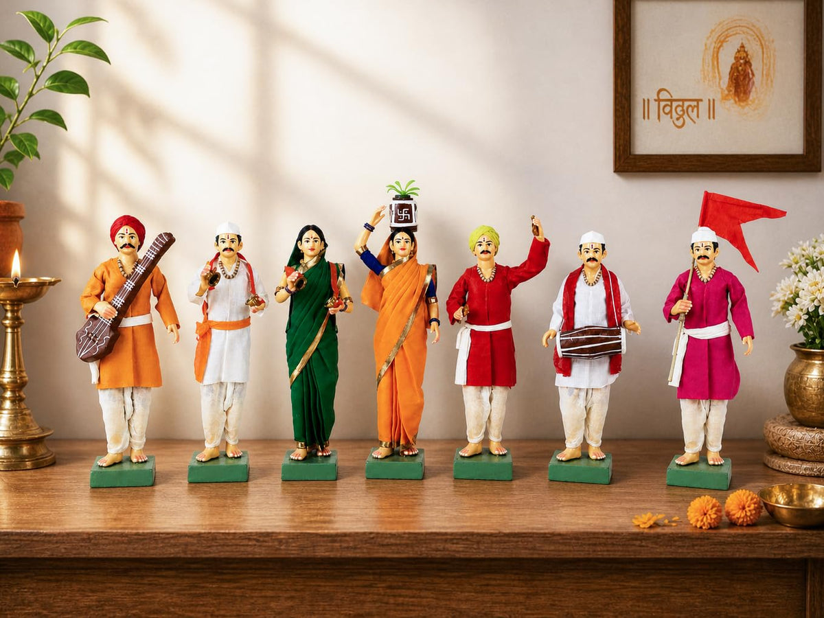 Niharika Collections Handmade Terracotta Clay Idols 10 Inch Clay Figurines Set of 7 | Traditional Handcrafted Pandharpur Warkari for Home Mandir, Navratri Decor, Golu and Gifting