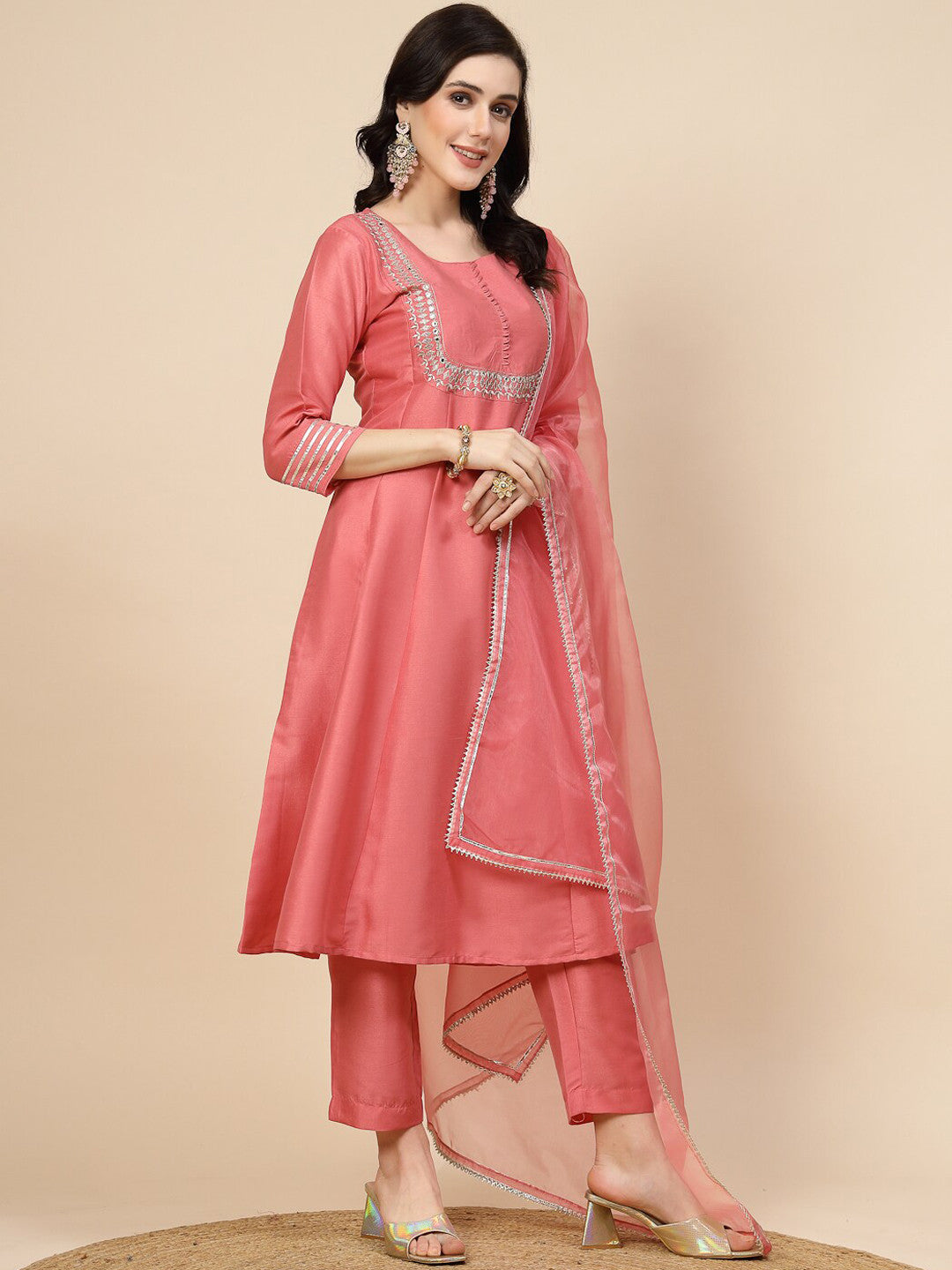 Dhiyona SN Peach-Coloured Mirror Work Embroidered Anarkali Kurta & Trousers With Dupatta