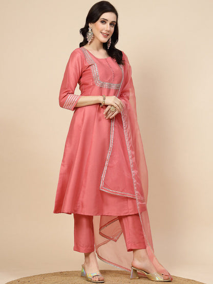 Peach-Coloured Mirror Work Embroidered Anarkali Kurta & Trousers With Dupatta