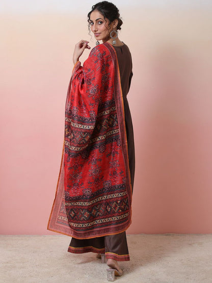 Dhiyona SN Ethnic Motifs Printed Round Neck A-line Kurta With Palazzos & Dupatta