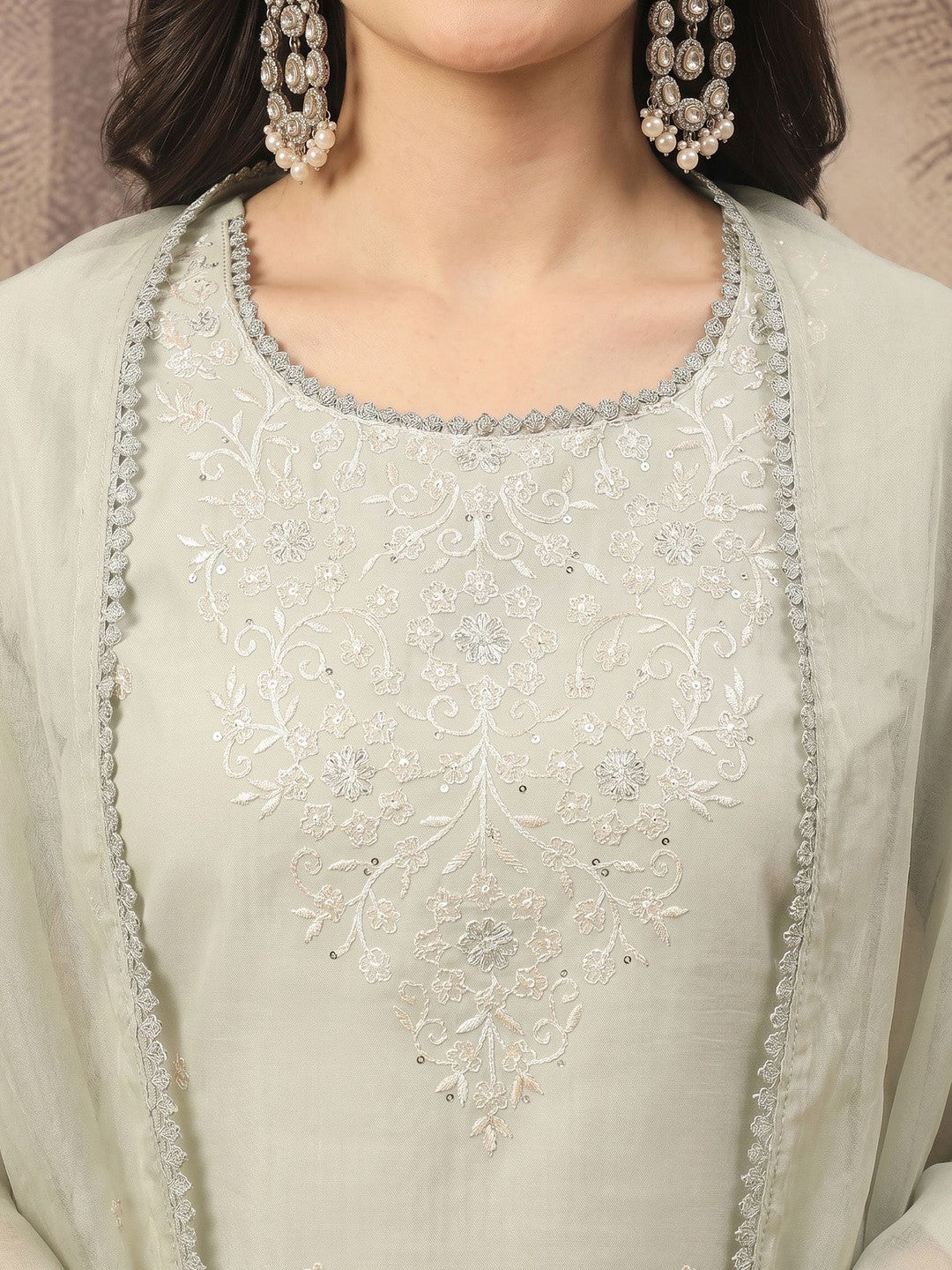 Embroidered Silk Blend Round Neck Kurta & Trousers With Dupatta