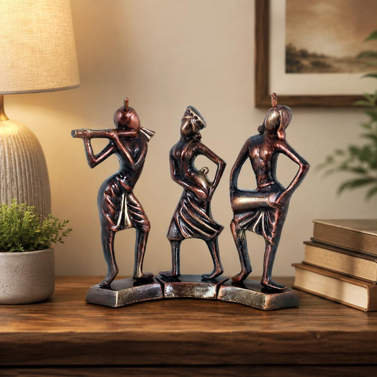 Niharika Collections Handmade Clay Terracotta Abstract Sculpture | Home Décor & Gift | Cultural Art | Tribal Dance Group Idol (Bronze Color, Set of 3)
