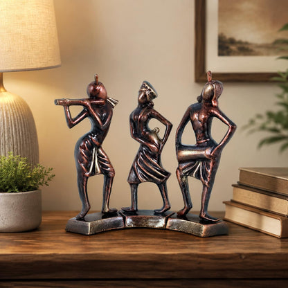 Niharika Collections Handmade Clay Terracotta Abstract Sculpture | Home Décor & Gift | Cultural Art | Tribal Dance Group Idol (Bronze Color, Set of 3)