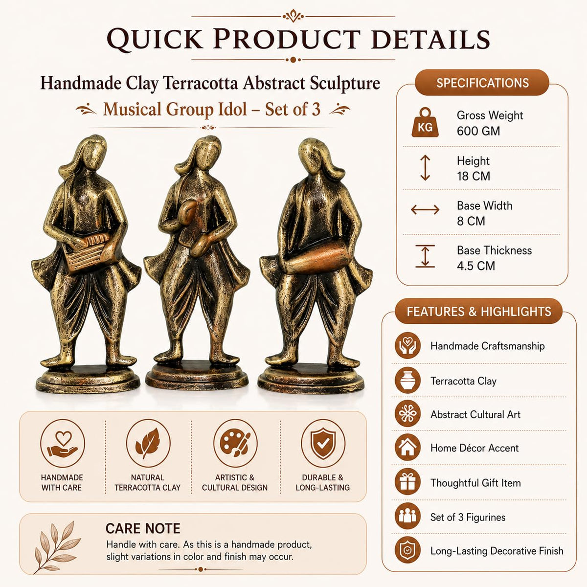 Niharika Collections Handmade Clay Terracotta Abstract Sculpture | Home Décor & Gift | Cultural Art | Musical Group Idol (Golden Color, Set of 3)