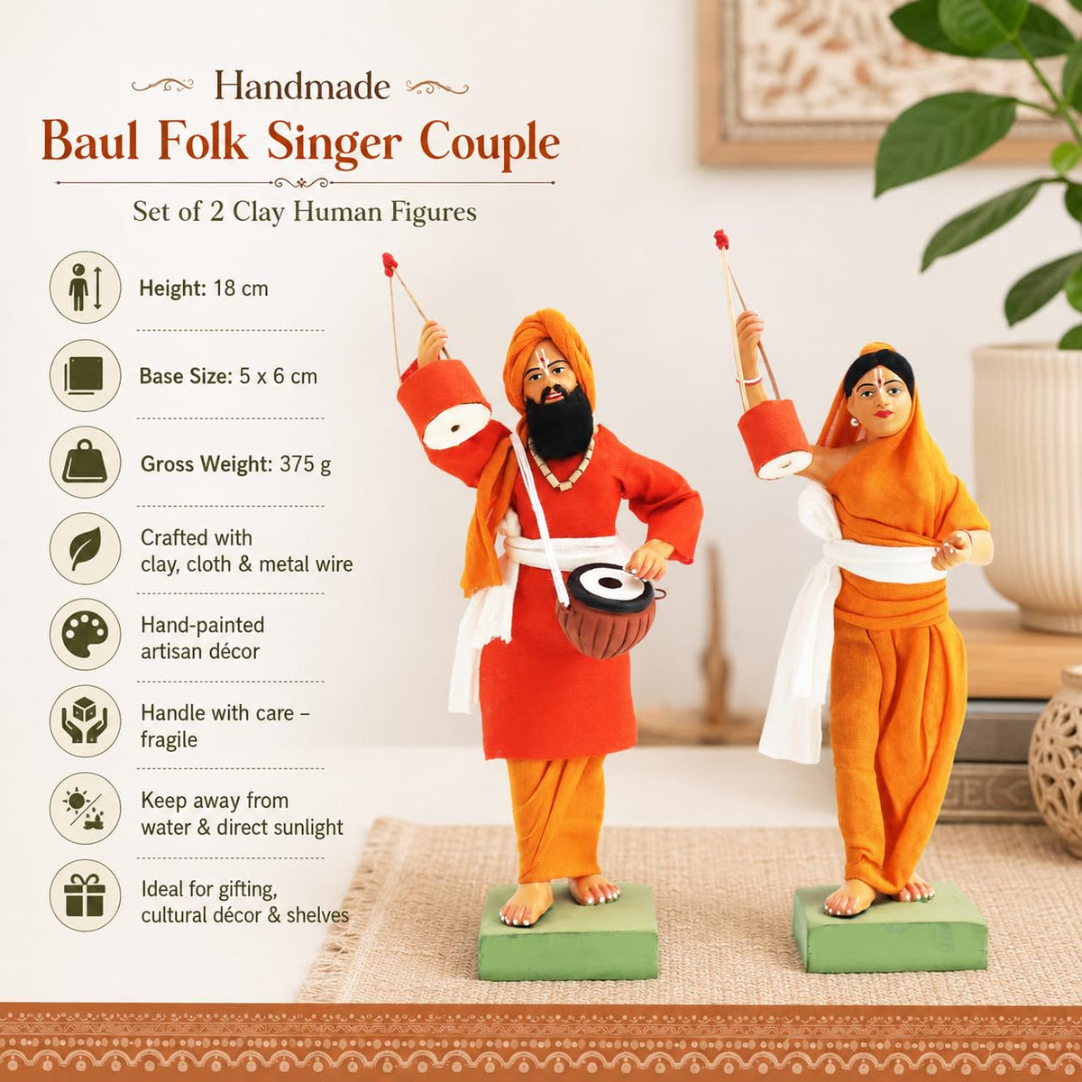 Niharika Collections Krishnanagar Handmade Clay Human Figure Gift & Decor (Folk Singer Couple)
