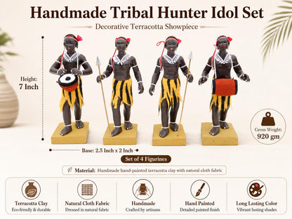 Niharika Collections Krishnanagar Handmade Clay Tribal Hunter Group Idol | Terracotta Folk Human Figurines | Traditional Home Decor & Gift Showpiece | Set of 4