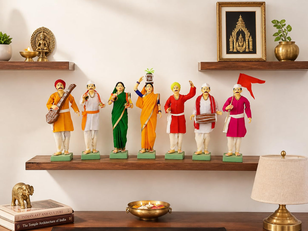 Niharika Collections Handmade Terracotta Clay Idols 10 Inch Clay Figurines Set of 7 | Traditional Handcrafted Pandharpur Warkari for Home Mandir, Navratri Decor, Golu and Gifting