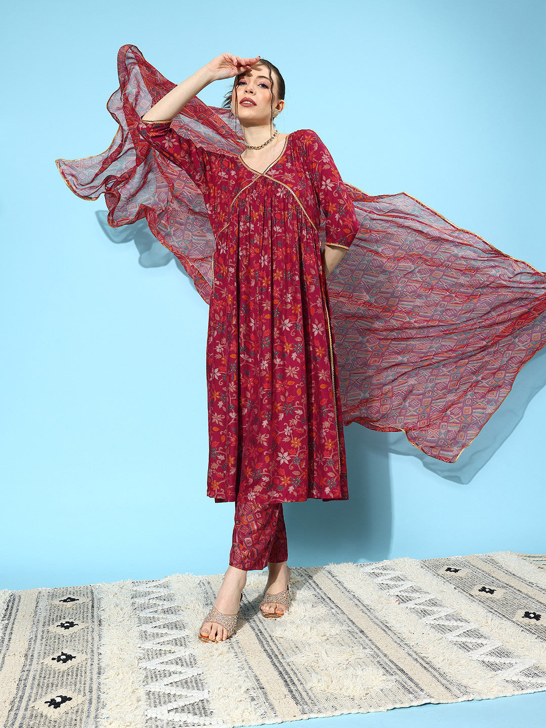 Alia Cut Floral Printed High Slit Gotta Patti Kurta with Trousers & Dupatta