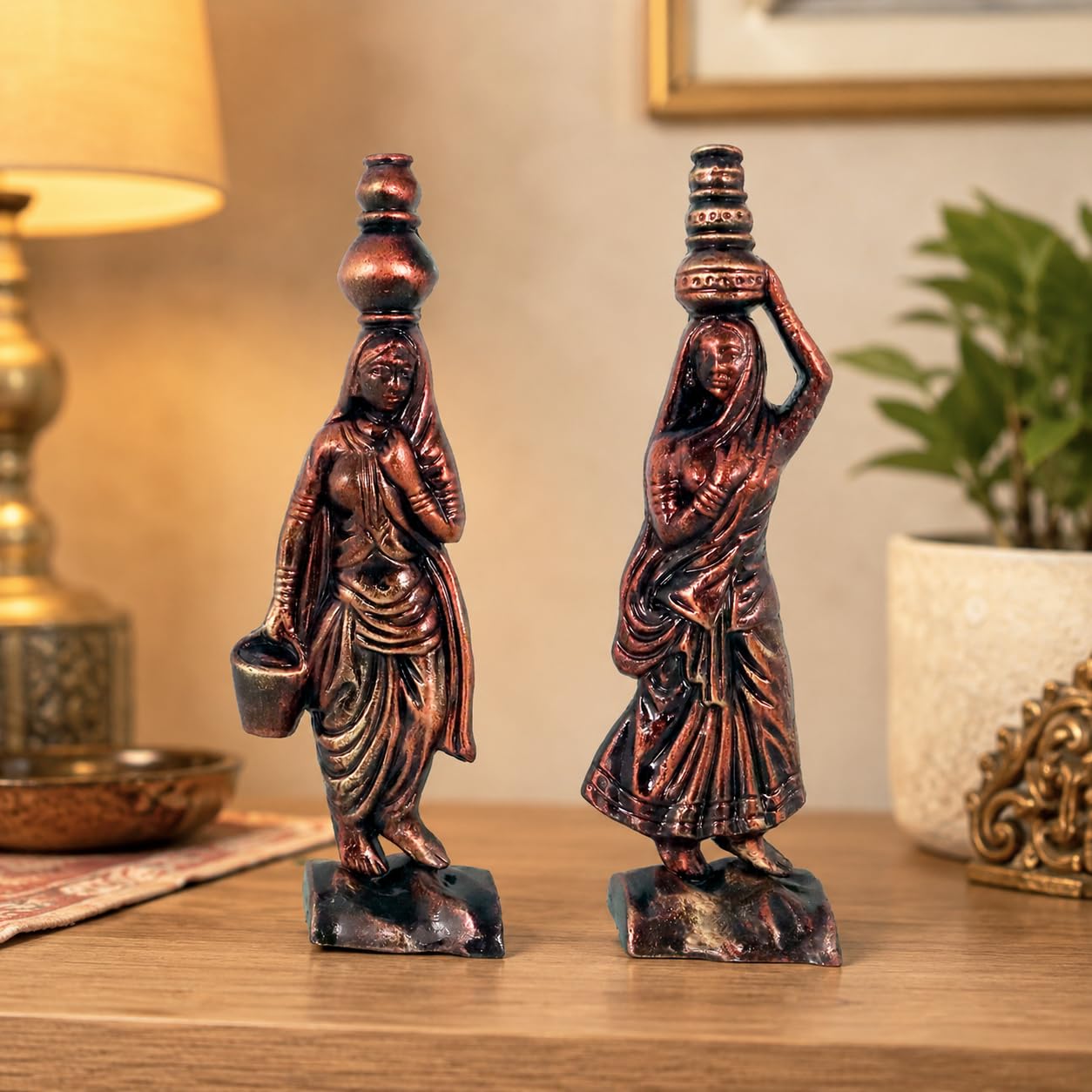 Niharika Collections Handmade Clay Terracotta Abstract Sculpture | Home Décor & Gift | Cultural Art | Rajasthani Women Idol (Bronze Color, Set of 2)