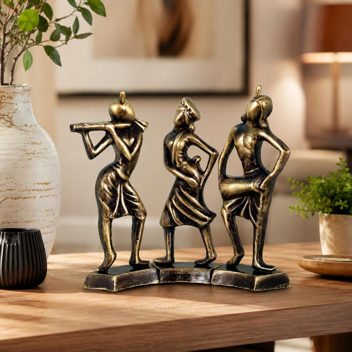 Niharika Collections Handmade Clay Terracotta Abstract Sculpture | Home Décor & Gift | Cultural Art | Tribal Dance Group Idol (Golden Color, Set of 3)