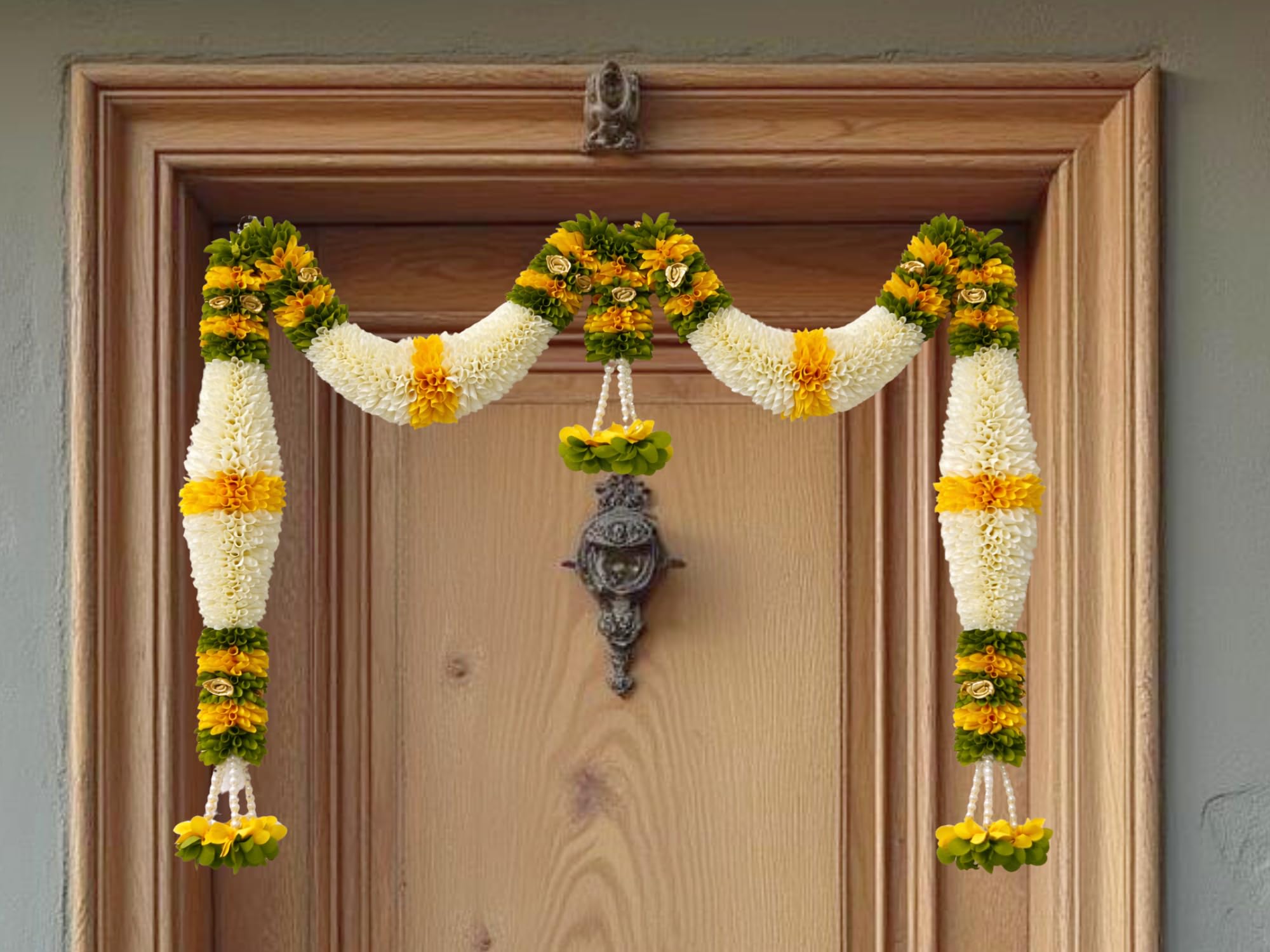 Yellow & Green Hanging Artificial Flower Toran for Main Door Entrance, Reusable Thoran for Pooja Mandir, Living Room & Home Décor, Bandarwal for Festival Decoration (42x25 inch)