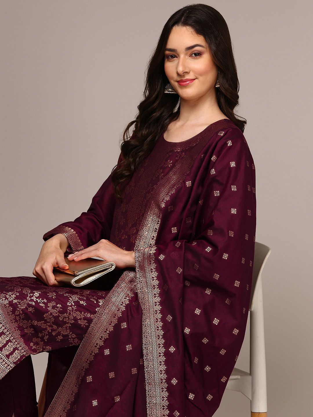 Dhiyona KL Floral Woven Design Zari Straight Kurta With Trousers & Dupatta
