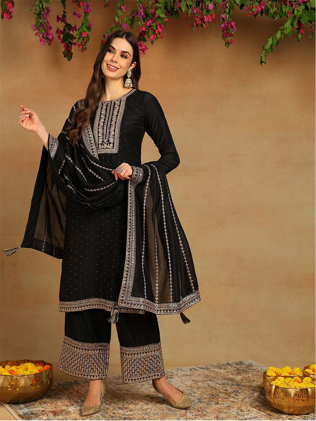 Dhiyona KL Ethnic Motifs Embroidered Regular Sequinned Kurta with Palazzos & Dupatta