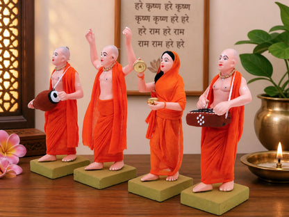 Niharika Collections Handmade Terracotta ISKCON Sankirtan Mandali Idol Set |6 Inch Clay Devotional Figurines with Fabric Dress for Mandir Decor and Gifting