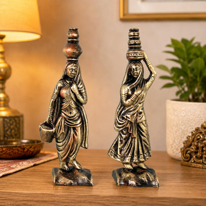 Niharika Collections Handmade Clay Terracotta Abstract Sculpture | Home Décor & Gift | Cultural Art | Rajasthani Women Idol (Golden Color, Set of 2)
