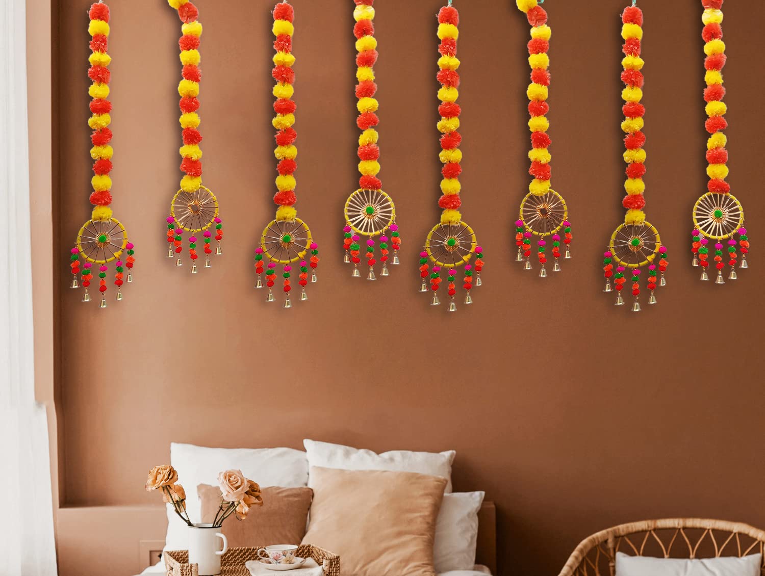 Artificial Marigold Fluffy Flowers Garland String with Bells Ring Pom Pom Rajasthani Wall Door Hanging Latkans Handmade Toran Decoration 2.9 Ft Height (8 Piece)