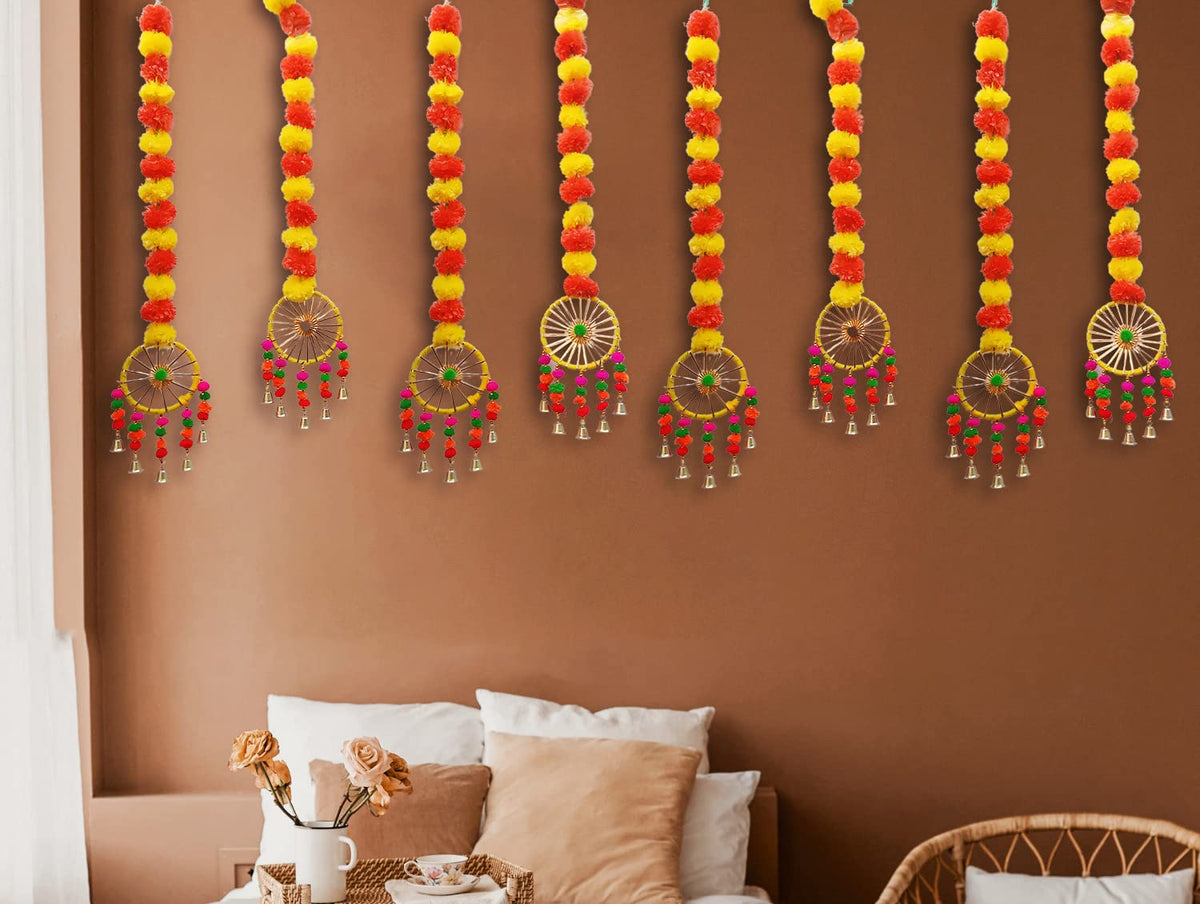 Artificial Marigold Fluffy Flowers Garland String with Bells Ring Pom Pom Rajasthani Wall Door Hanging Latkans Handmade Toran Decoration 2.9 Ft Height (8 Piece)