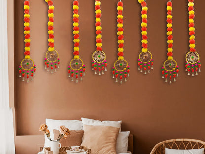 Artificial Marigold Fluffy Flowers Garland String with Bells Ring Pom Pom Rajasthani Wall Door Hanging Latkans Handmade Toran Decoration 2.9 Ft Height (8 Piece)