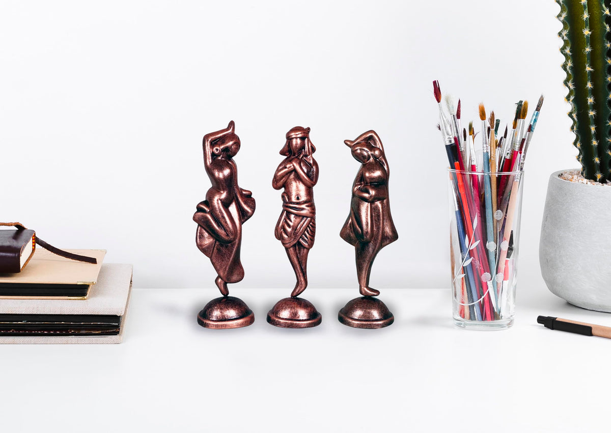 Niharika Collections Handmade Clay Terracotta Abstract Sculpture Krishna with Gopiya Idol for Gifts and Décor |Metallic Bronze| Set of 3