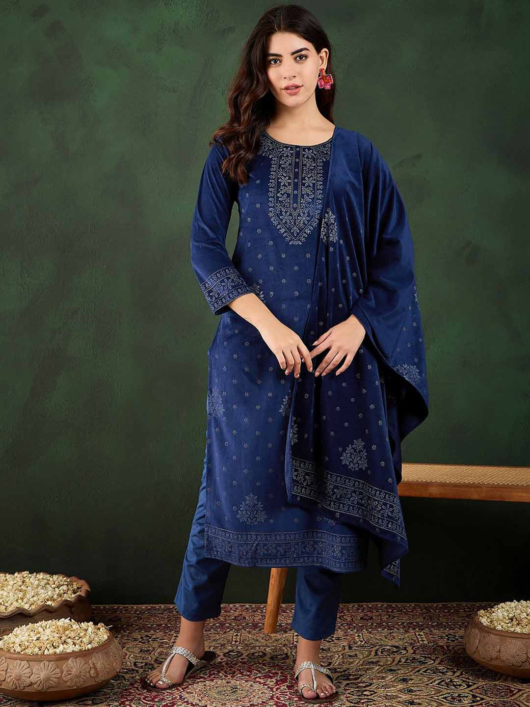 Floral Printed Winter Velvet Straight Kurta & Trouser With Dupatta