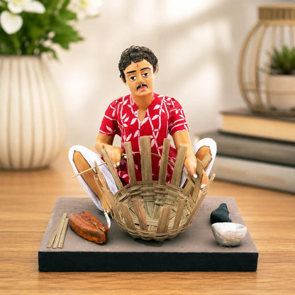 Niharika Collections Krishnanagar Handmade Terracotta Clay Basket Maker Miniature Idol Man | Basic Traditional Indian Home Decor, Golu Display and Gifting