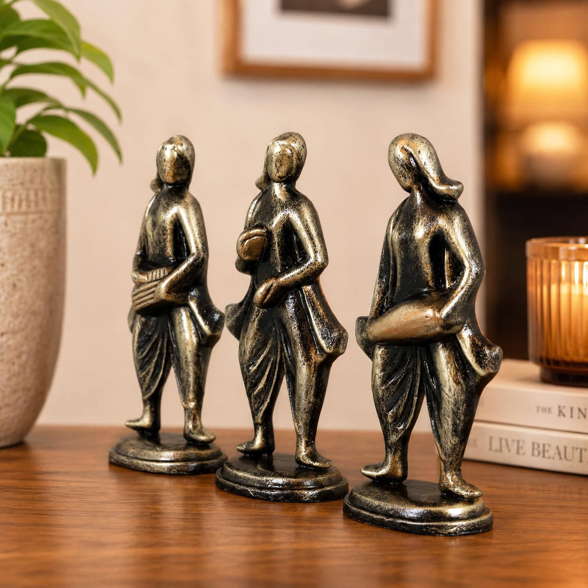 Niharika Collections Handmade Clay Terracotta Abstract Sculpture | Home Décor & Gift | Cultural Art | Musical Group Idol (Golden Color, Set of 3)
