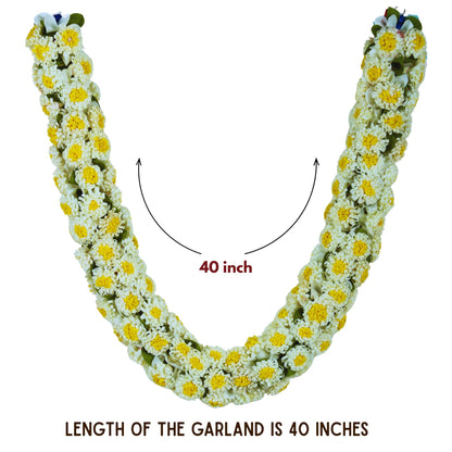 Shevanti Cream & Yellow Flower Garland for Pooja Mandir Decoration, Hanging Mala for Photo Frame, Haar Mala for God Idols, Photo Frames of Loved Ones, Ancestors, Pitra (40 inch)