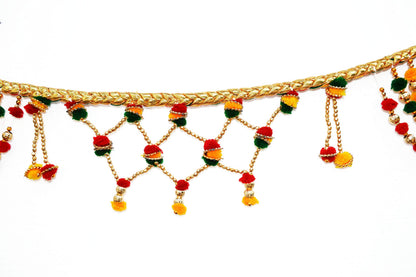 Pom Pom Toranam Hanging Bandhanwar for Door Wall, Handmade Multicolor Golden Beads Toran for Diwali Navratri Onam Festival
