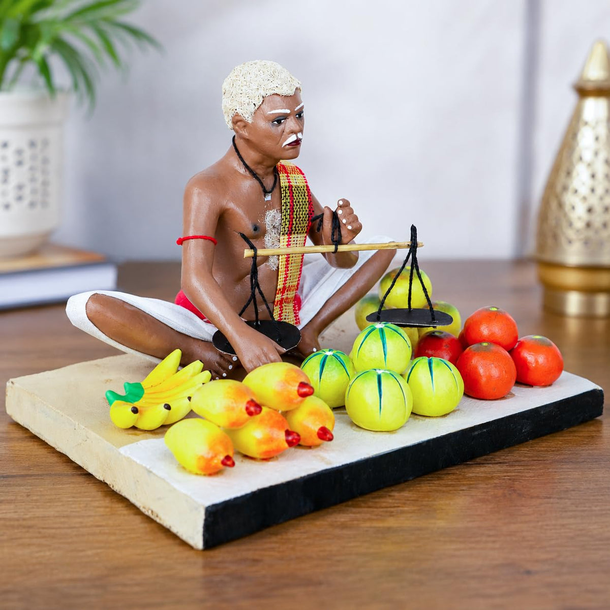 Niharika Collections Krishnanagar Handmade Clay Fruit Seller Idol, Sitting Human Figure Miniature,Hand-Painted Indian Art, Multicolour Home Décor,Golu Display & Gifting-15.2 x 10.2 x 10.2 cm