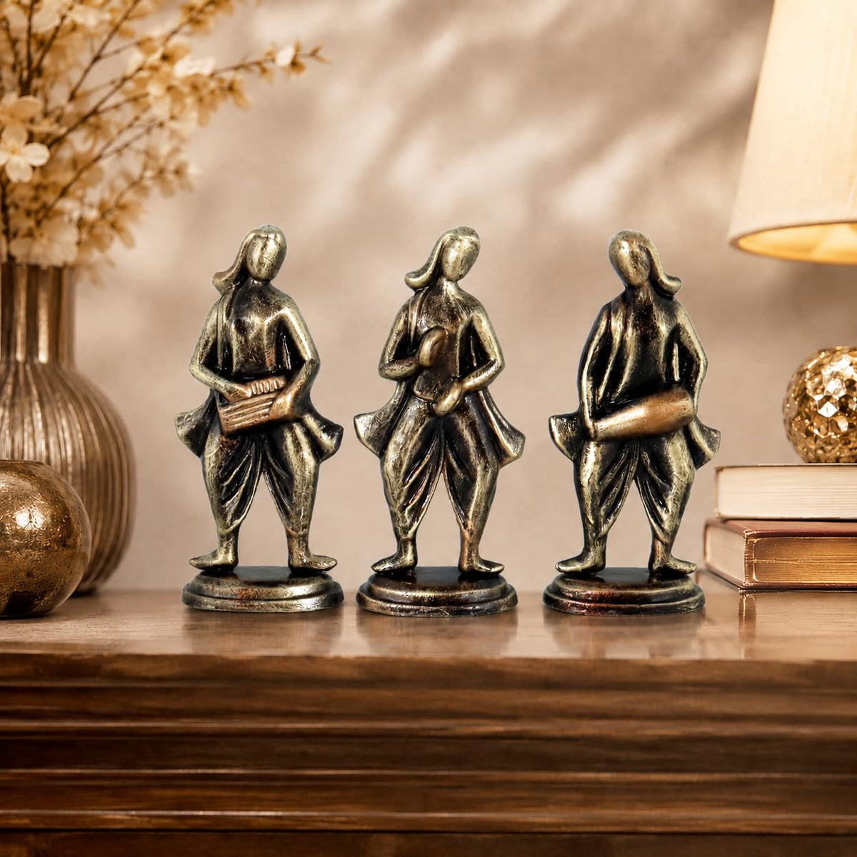 Niharika Collections Handmade Clay Terracotta Abstract Sculpture | Home Décor & Gift | Cultural Art | Musical Group Idol (Golden Color, Set of 3)
