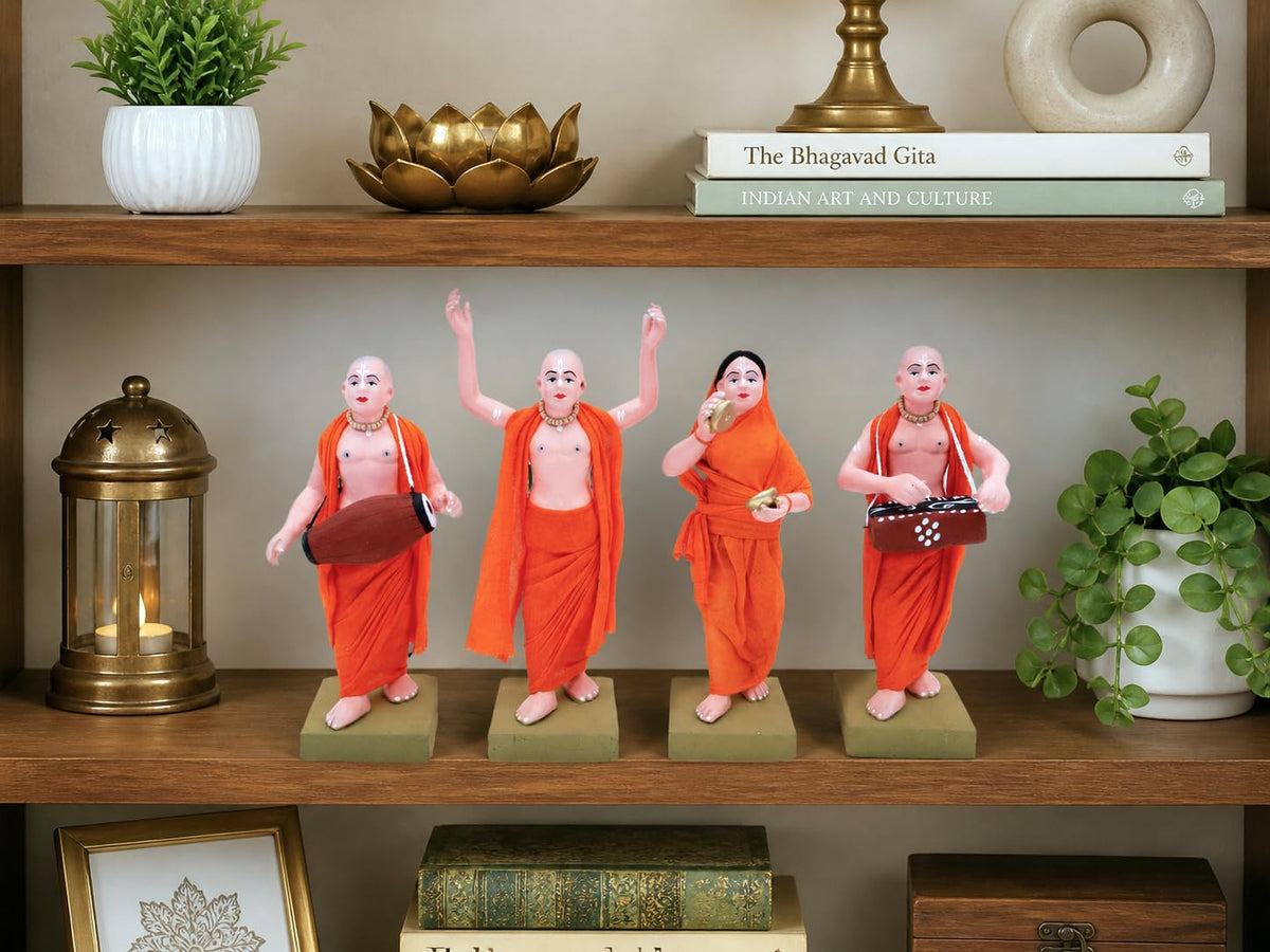 Niharika Collections Handmade Terracotta ISKCON Sankirtan Mandali Idol Set |6 Inch Clay Devotional Figurines with Fabric Dress for Mandir Decor and Gifting