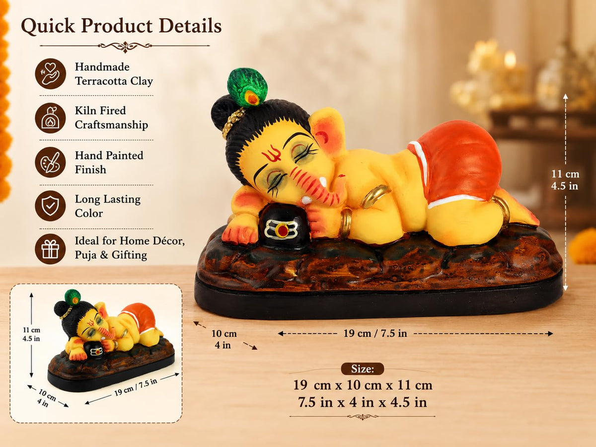 Niharika Collections Handmade Terracotta Sleeping Ganesha Idol Hugging Shivling | Eco-Friendly Clay Idol for Home Decor, Puja & Gift | Traditional Indian Art Figurine