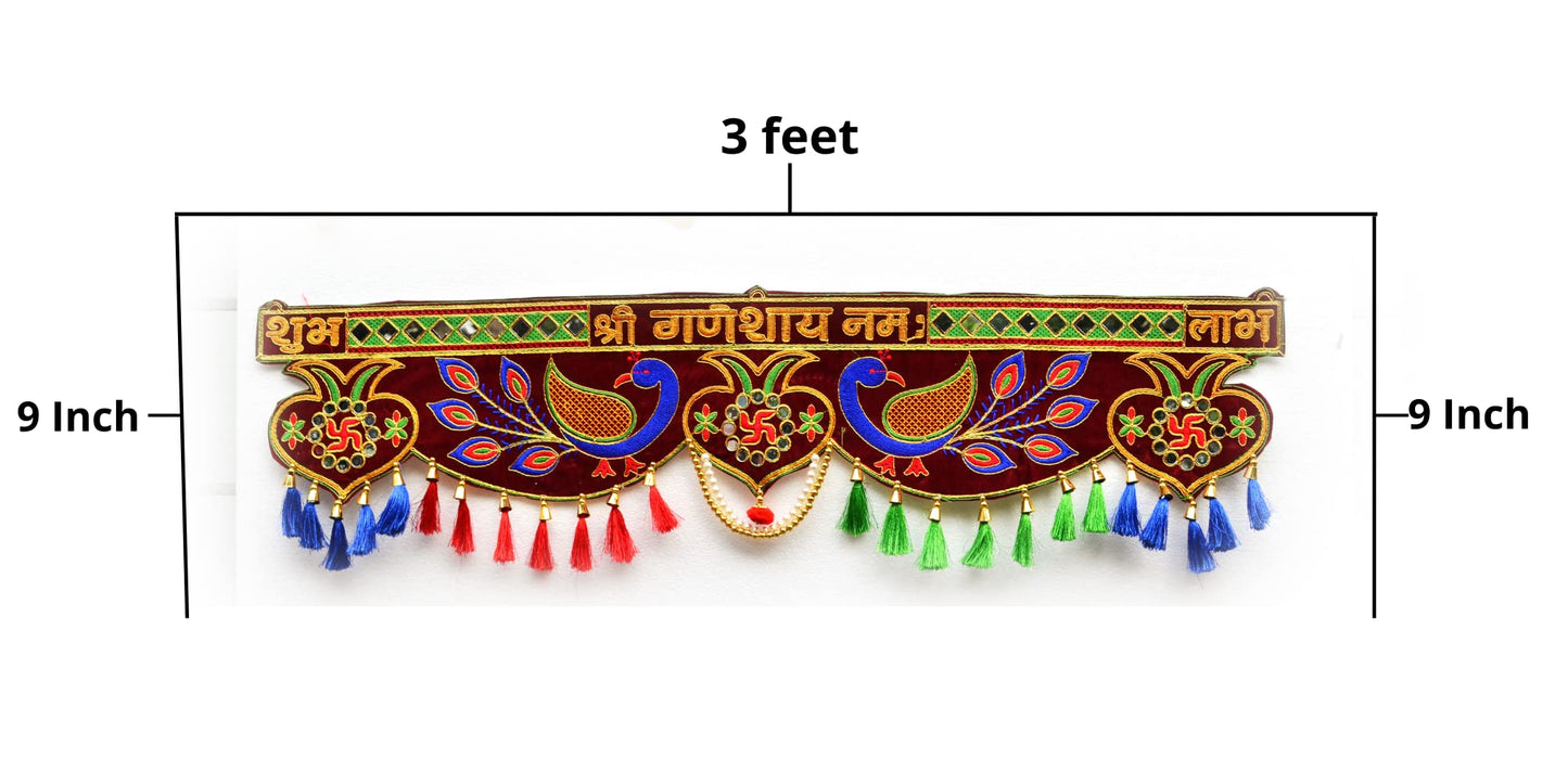 Embroidery Handmade Peacock Toran, 3 Ft Length, Multicolour, Beads, Fabric, Straight