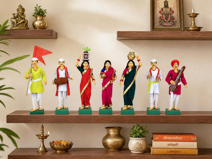 Niharika Collections Handmade Terracotta Clay Idols 8 Inch Clay Figurines Set of 7 | Traditional Handcrafted Pandharpur Warkari for Home Mandir, Navratri Decor, Golu and Gifting