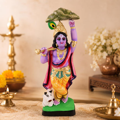 Niharika Collections Krishna Lifting Govardhan Parbat Idol | Spiritual & Cultural Clay Art | Handmade Terracotta Sculpture