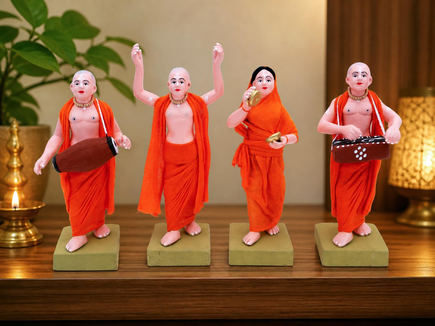 Niharika Collections Handmade Terracotta ISKCON Sankirtan Mandali Idol Set |6 Inch Clay Devotional Figurines with Fabric Dress for Mandir Decor and Gifting